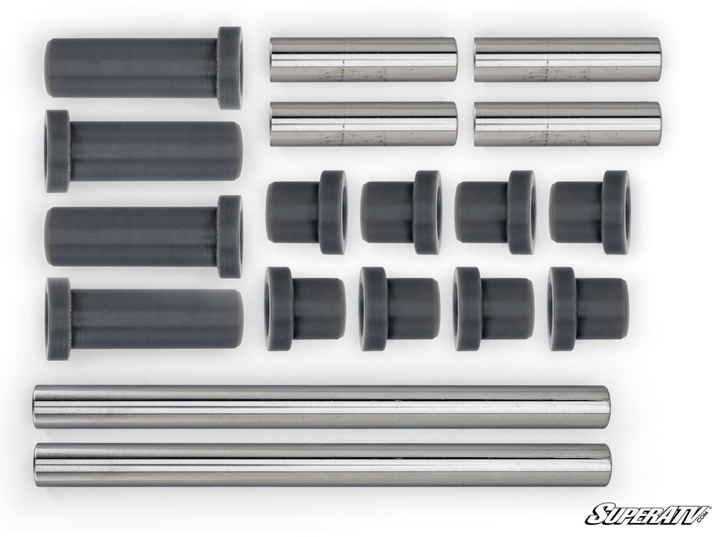 A set of CFMOTO UForce 1000 A-Arm Bushings, featuring long and short metal rods with gray cylindrical bushings in various sizes, arranged neatly on a white background. The SuperATV logo appears in the bottom right corner.