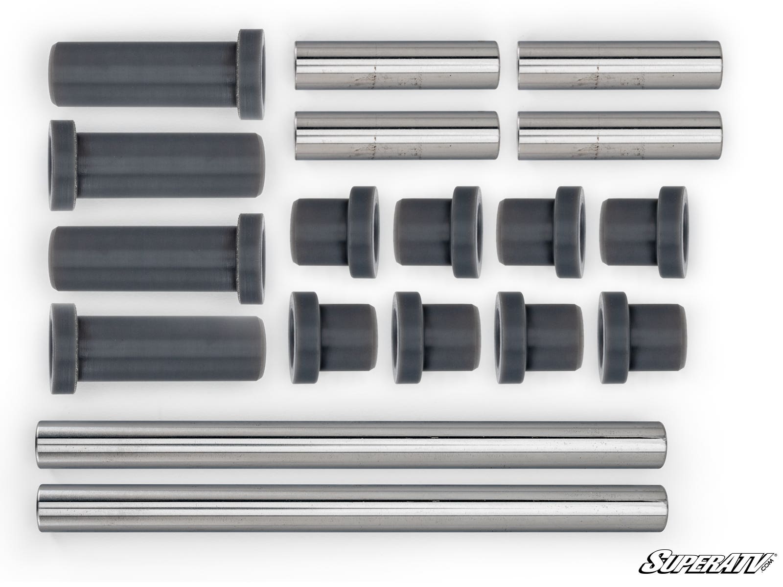 A set of CFMOTO UForce 1000 A-Arm Bushings, featuring long and short metal rods with gray cylindrical bushings in various sizes, arranged neatly on a white background. The SuperATV logo appears in the bottom right corner.