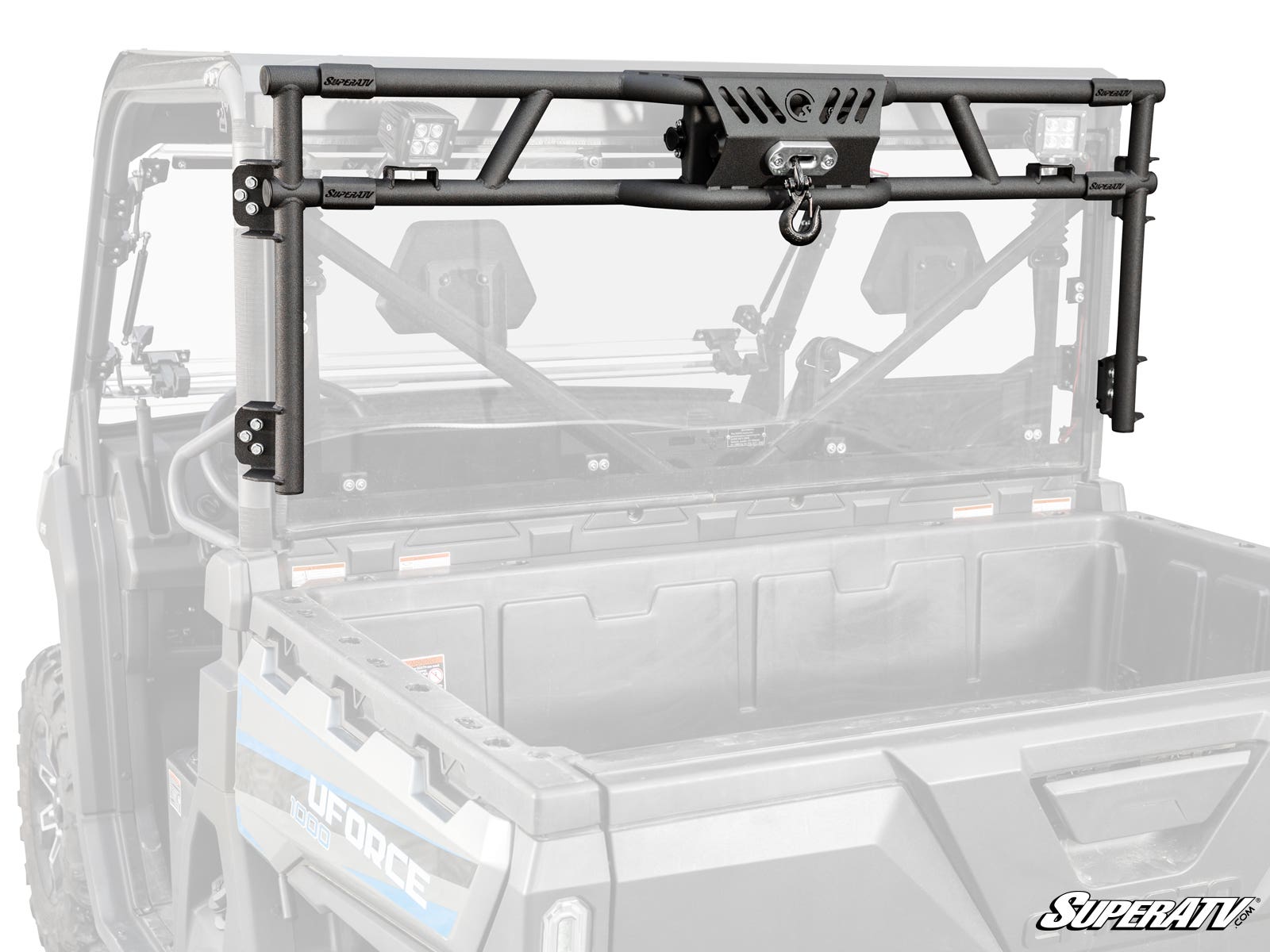 A CFMOTO UForce 1000 Game Loader Rack, shown in black metal with mounting brackets and a centered winch, is installed on a utility side-by-side. The grayscale vehicle contrasts with the rack highlighted in color. SuperATV logo appears bottom right.