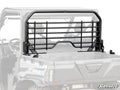 A CFMOTO UForce 1000 utility vehicle bed featuring a black metal Headache Rack with horizontal and vertical bars mounted near the cab. The SUPERATV logo appears at the bottom right, with only part of the vehicle visible.