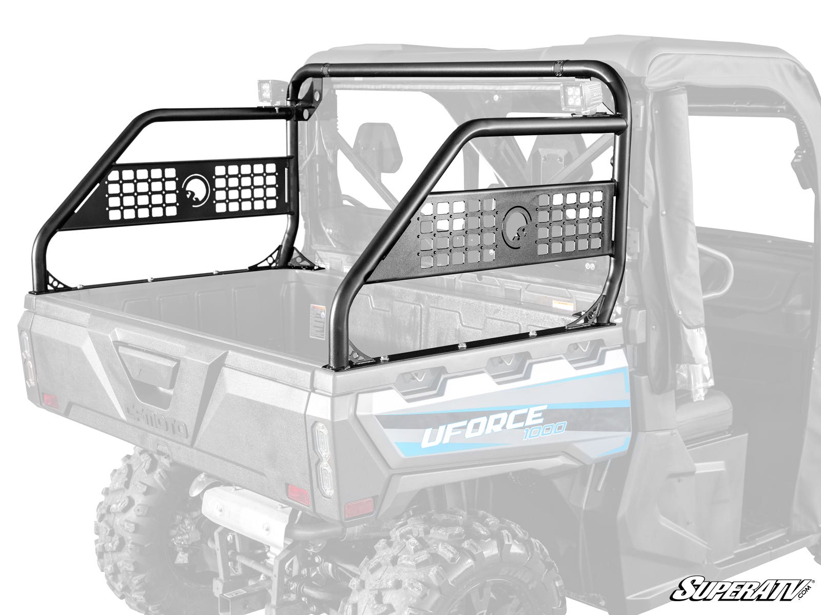 A CFMOTO UForce 1000 Sport Accessory Bar with mesh panels and circular SuperATV logos is mounted on the bed of a blue and black UFORCE 1000 utility side-by-side, enclosing the cargo area. The image features the SuperATV logo.