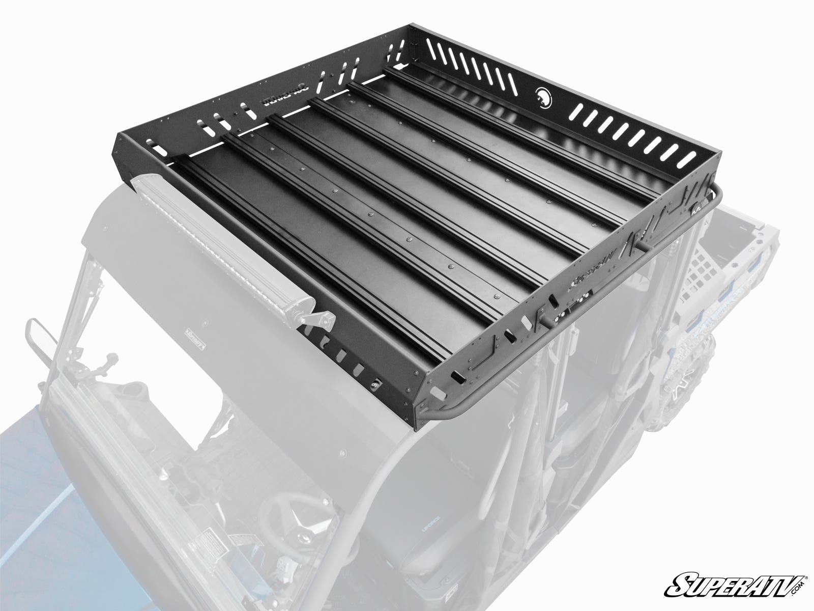 A CFMOTO UForce 1000 XL Outfitter Roof Rack with slotted edges, raised sides, and a ribbed base is mounted on a utility vehicle. The grayscale vehicle contrasts with the colored rack. The SuperATV logo is shown in the bottom right.