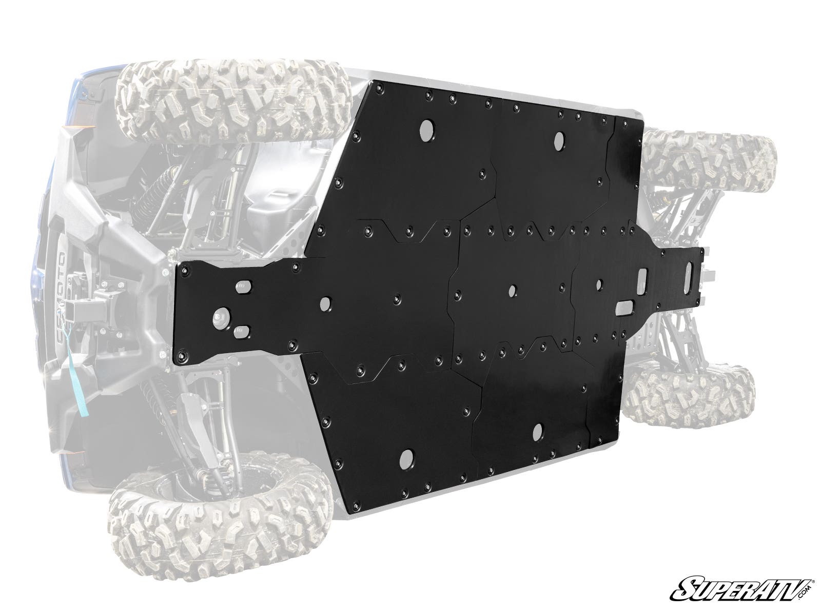 A rugged black CFMOTO UForce 1000 XL Full Skid Plate is mounted beneath an off-road vehicle with large, knobby tires. The faded background highlights the plate’s size, bolt pattern, and coverage, with the “SuperATV” logo at lower right.