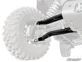 A close-up shows CFMOTO ZForce 950 HO 1.5 Forward Offset A-Arms connected to an off-road wheel, with the background and wheel faded to spotlight the metal arms. The “SuperATV” logo appears in the lower right corner.