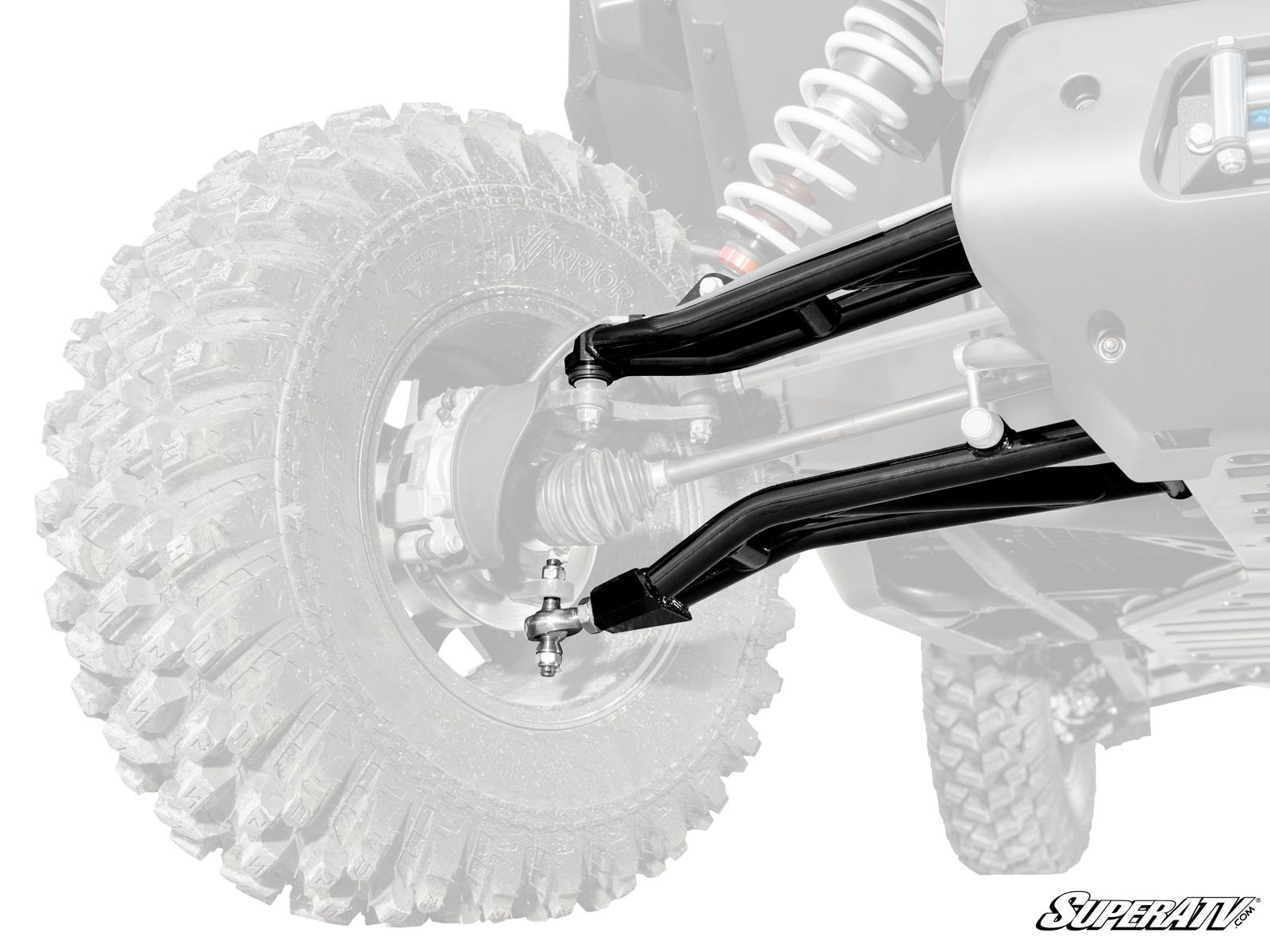 A close-up shows CFMOTO ZForce 950 HO 1.5 Forward Offset A-Arms connected to an off-road wheel, with the background and wheel faded to spotlight the metal arms. The “SuperATV” logo appears in the lower right corner.