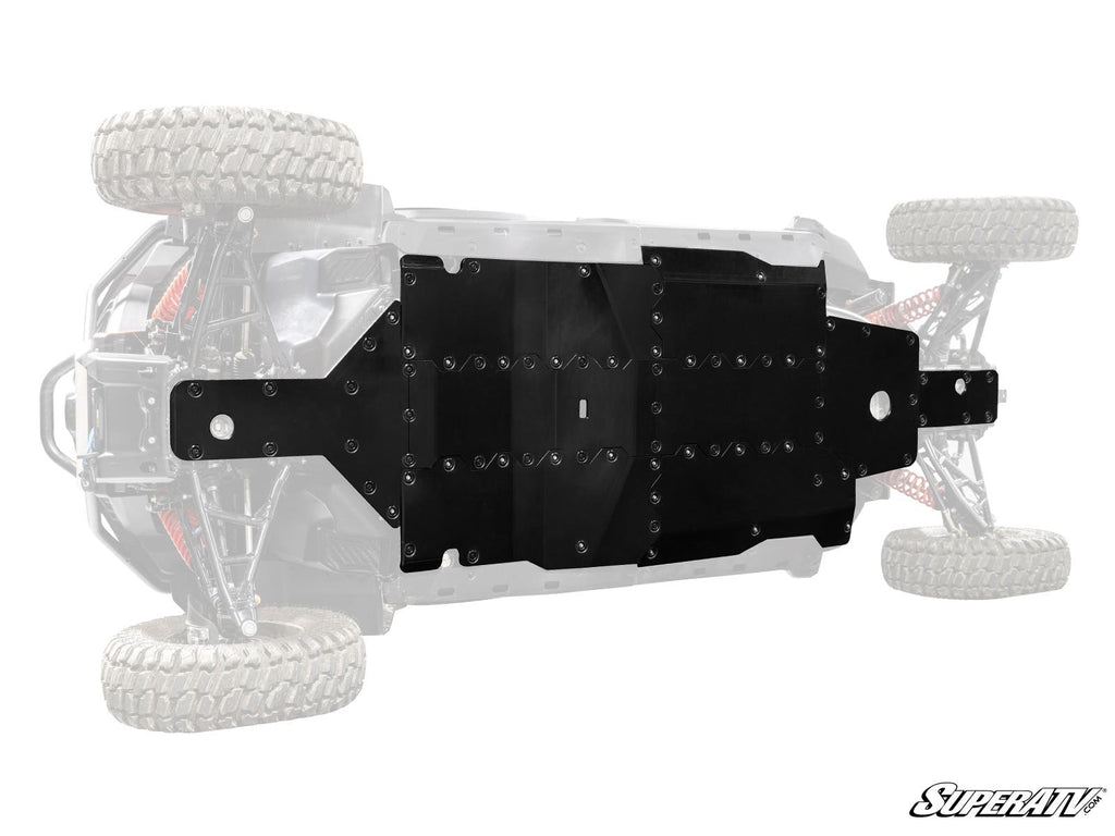 A black CFMOTO ZForce 950 Sport 4 Full Skid Plate is mounted to the underside of an off-road vehicle, shown from below with the rest of the vehicle faded out. The SuperATV logo appears in the bottom right corner.