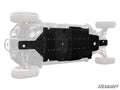 A black CFMOTO ZForce 950 Sport 4 Full Skid Plate is mounted to the underside of an off-road vehicle, shown from below with the rest of the vehicle faded out. The SuperATV logo appears in the bottom right corner.