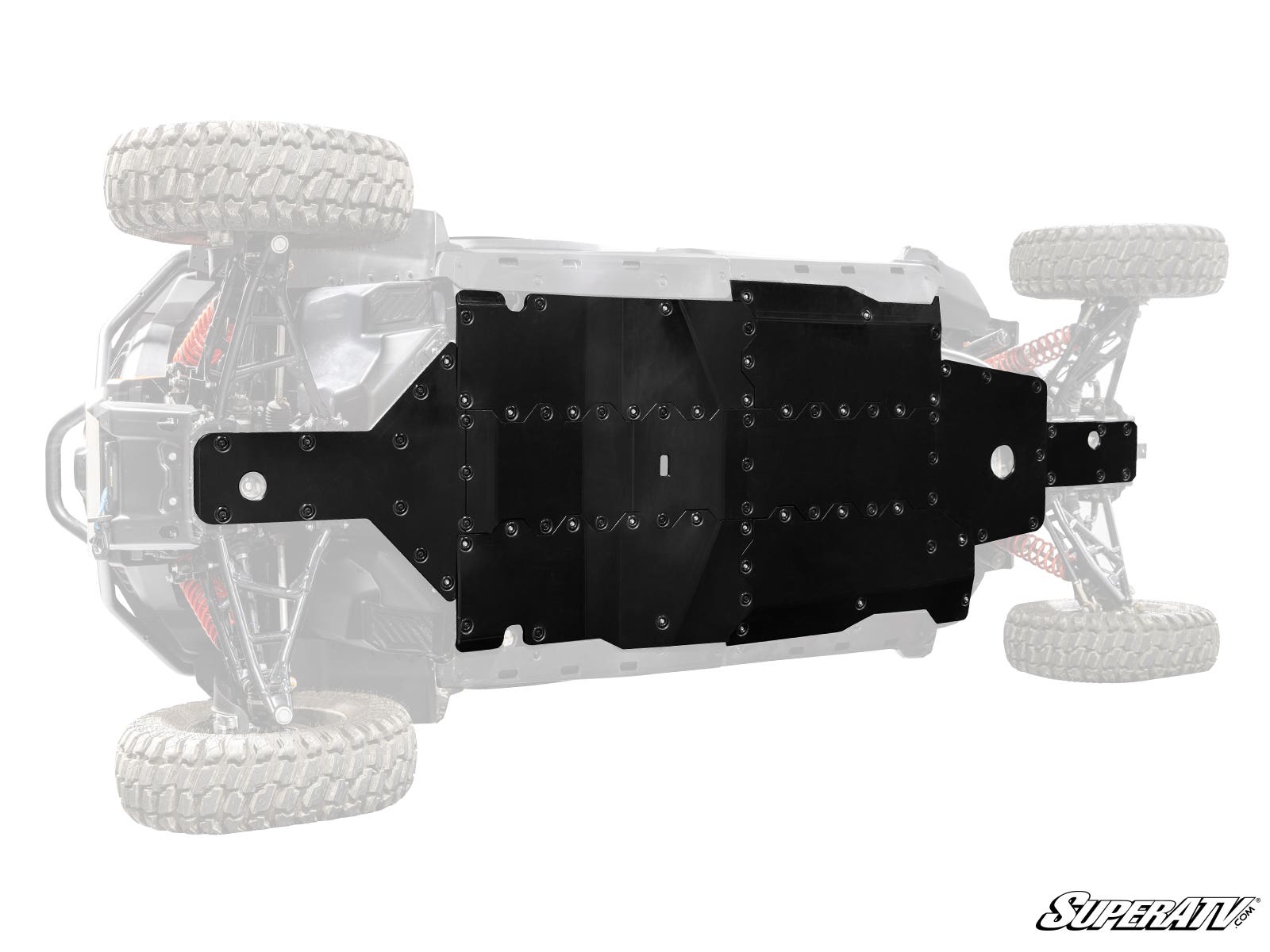 A black CFMOTO ZForce 950 Sport 4 Full Skid Plate is mounted to the underside of an off-road vehicle, shown from below with the rest of the vehicle faded out. The SuperATV logo appears in the bottom right corner.