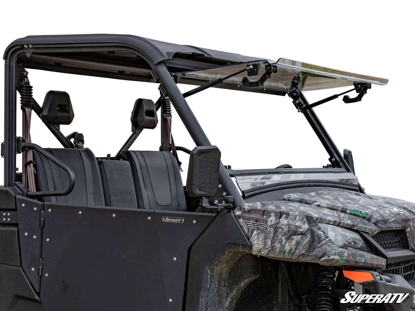 A side view of a camo-patterned off-road utility vehicle with two seats, featuring a partially open CFMOTO UForce 1000 Scratch Resistant Flip Windshield attached to the roof frame; “SuperATV” logo is at the bottom right.