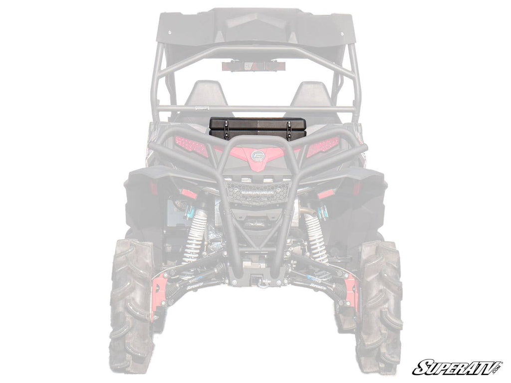 A rear view of a dusty off-road vehicle with large rugged tires highlights the CFMOTO ZForce Cooler / Cargo Box mounted behind the seats. The SuperATV logo appears in the lower right corner.