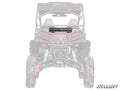 A rear view of a dusty off-road vehicle with large rugged tires highlights the CFMOTO ZForce Cooler / Cargo Box mounted behind the seats. The SuperATV logo appears in the lower right corner.