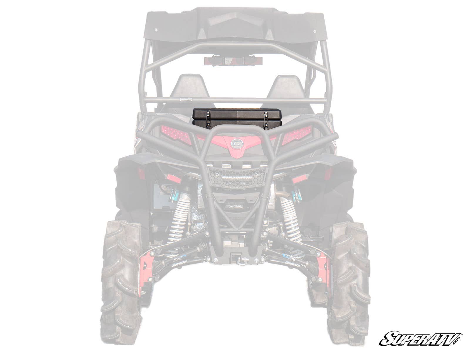 A rear view of a dusty off-road vehicle with large rugged tires highlights the CFMOTO ZForce Cooler / Cargo Box mounted behind the seats. The SuperATV logo appears in the lower right corner.