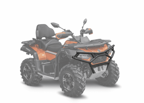 The Rival Front Bumper, shown on a 2020 CF Moto CForce 600 EPS Touring ATV with rugged tires, a padded seat with backrest, side mirrors, and visible handlebars, is the only clearly visible feature in the partially faded image.