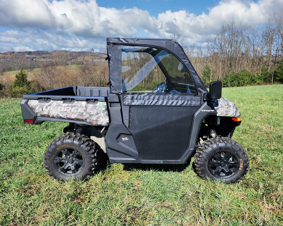 A CFMoto UForce 1000 with Soft Upper Doors, featuring a camo pattern and black cab enclosure, sits on grass in an open field. Large off-road tires stand out, while trees and hills are visible under a partly cloudy sky.
