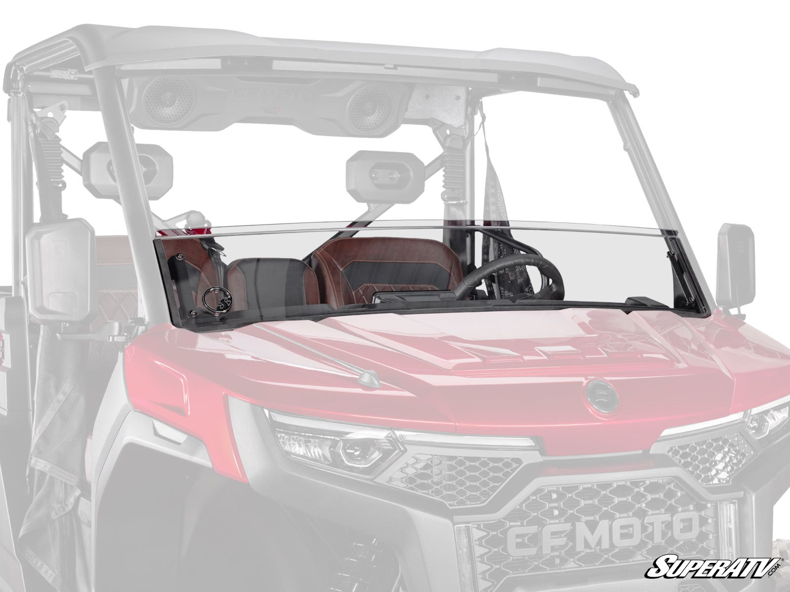 A CFMOTO UForce U10 Pro Half Windshield is installed on a red CF Moto off-road vehicle, covering the lower half of the front cabin and protecting the driver and passenger seats. The SuperATV logo is in the lower right corner.