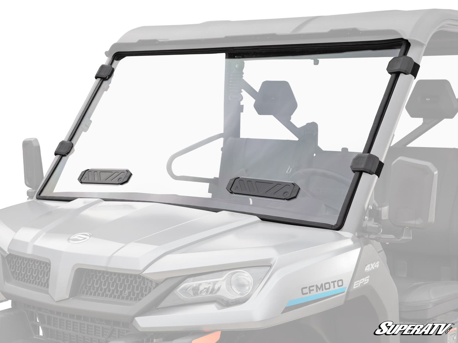 A close-up of a CFMOTO UForce 1000 Vented Full Windshield shows its full, clear panel with a black frame, two black bottom vent panels, and secure four-clamp attachment. The SuperATV logo appears in the lower right corner.