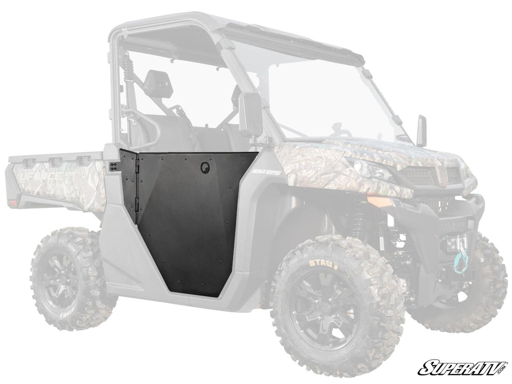 A black metal CFMOTO UForce 1000 Aluminum Door is installed on the drivers side of a camouflage-patterned off-road utility vehicle, with the rest of the vehicle faded out to highlight the door. The SuperATV logo appears in the bottom right corner.