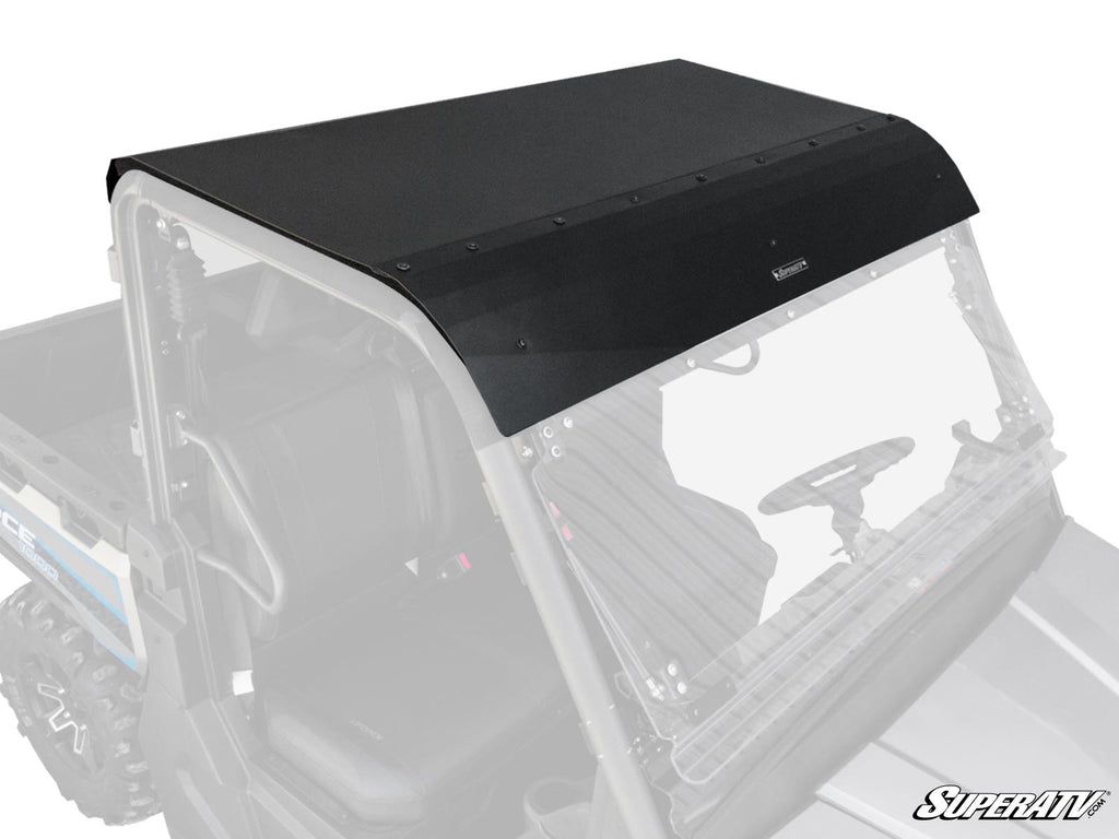 The CFMOTO UForce 1000 Aluminum Roof, finished in matte black, is mounted on the vehicle with visible bolts. Its flat design features a slightly curved front edge, and the cab, windshield, and steering wheel are seen from an angled side view.