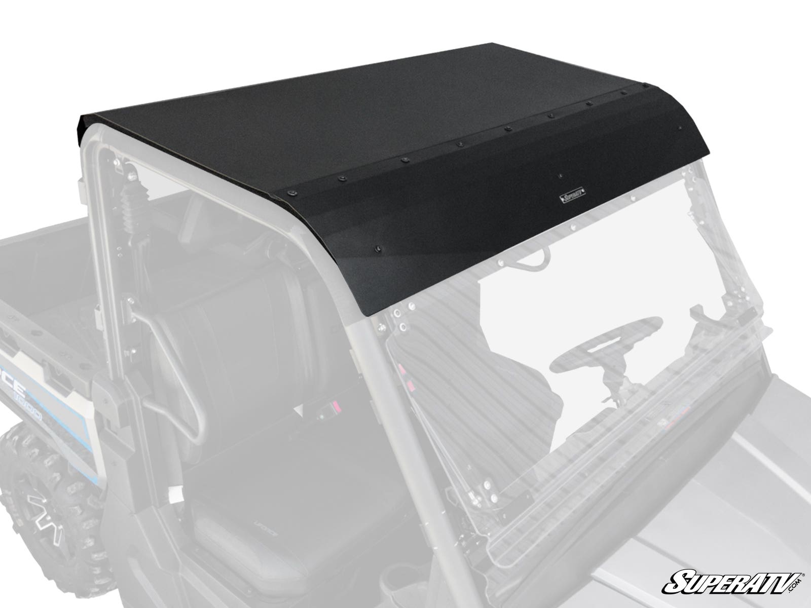 The CFMOTO UForce 1000 Aluminum Roof, finished in matte black, is mounted on the vehicle with visible bolts. Its flat design features a slightly curved front edge, and the cab, windshield, and steering wheel are seen from an angled side view.