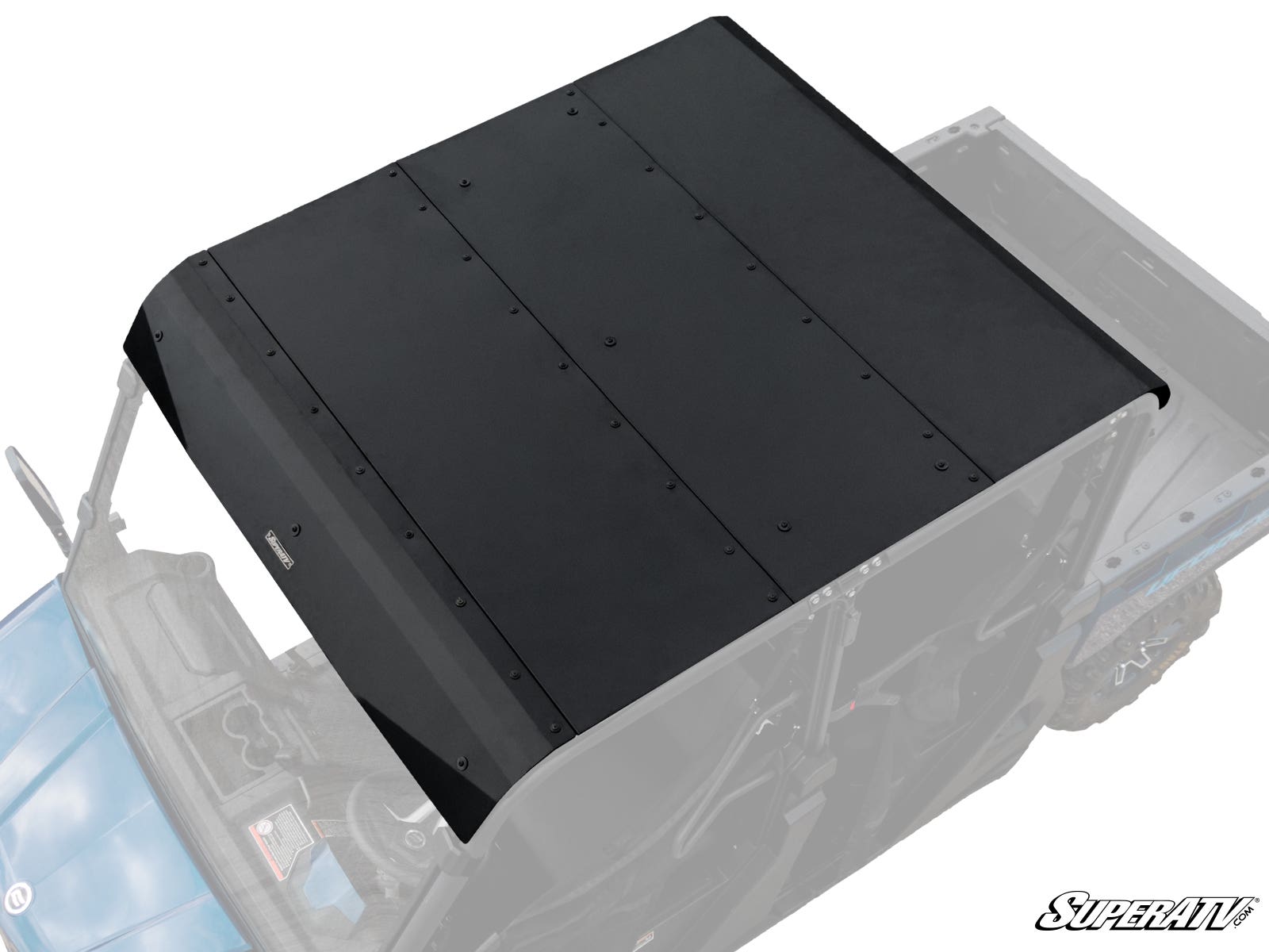 A CFMOTO UForce 1000 XL Aluminum Roof in black is installed on a blue utility vehicle. Viewed from above, you see its segmented panels, bolts, and partially visible seats and steering wheel. The SuperATV logo appears at the lower right.