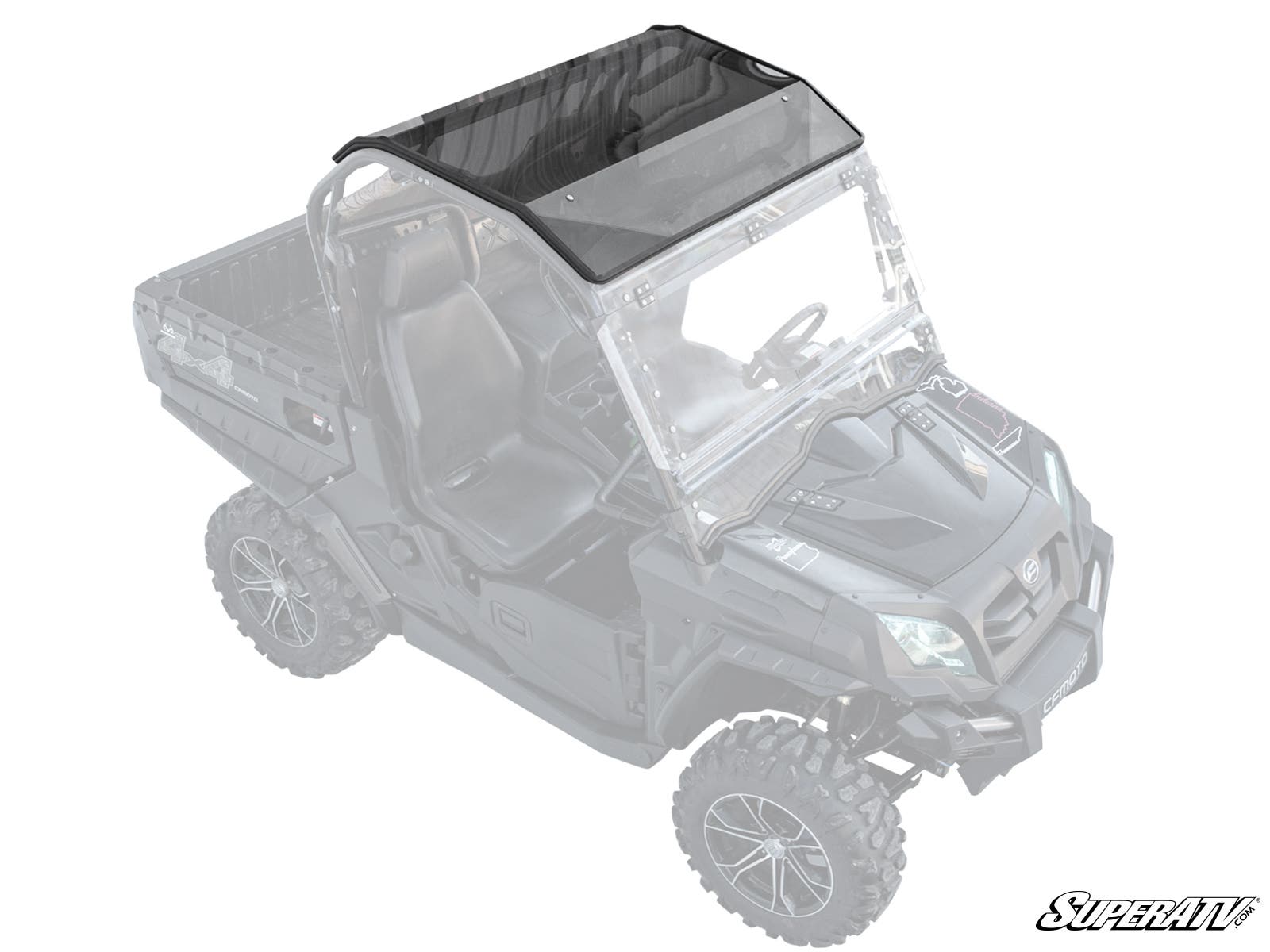 The CFMOTO UForce 500 Tinted Roof features a transparent windshield, tinted roof, large rugged tires, front hood, two seats, and a cargo bed. The SuperATV logo appears in the bottom right corner.