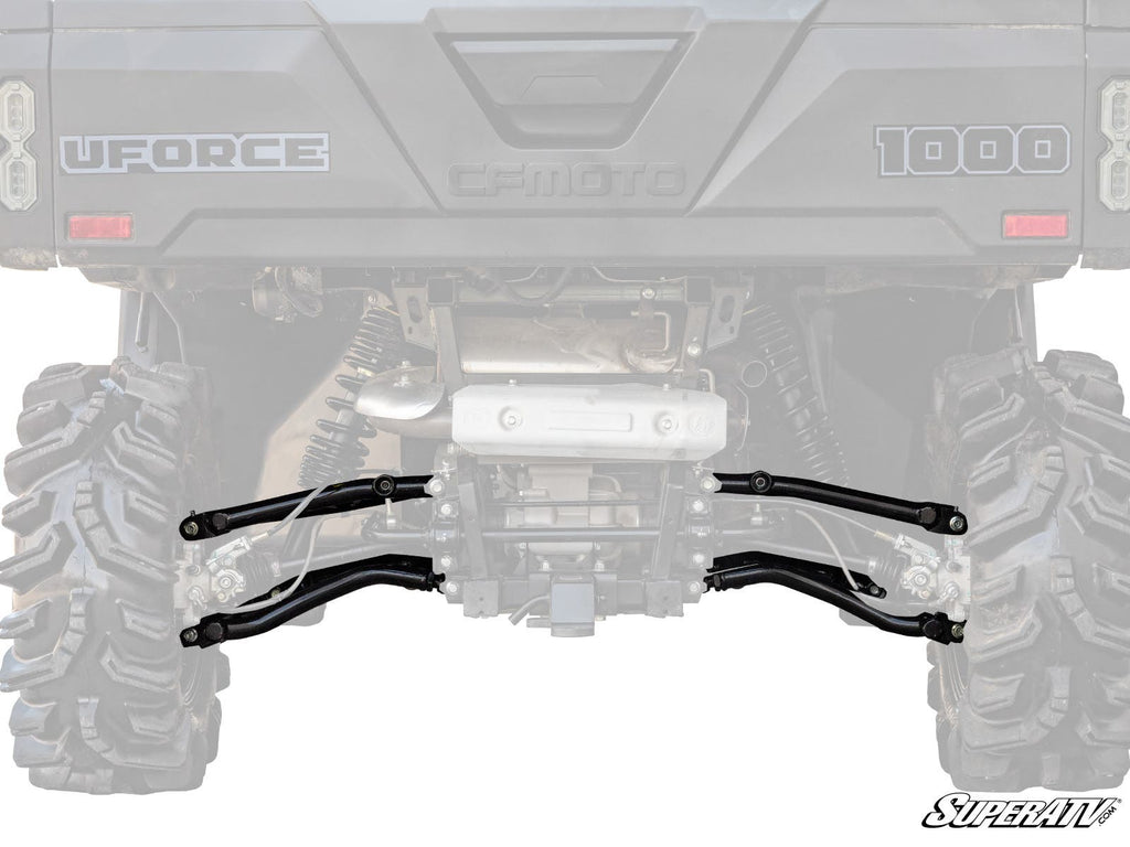 A rear view of a CFMOTO UForce 1000 highlights its High Clearance 1.5 Rear Offset A-Arms in black, showing the upgraded control arms structure along with the tires, shocks, and undercarriage.