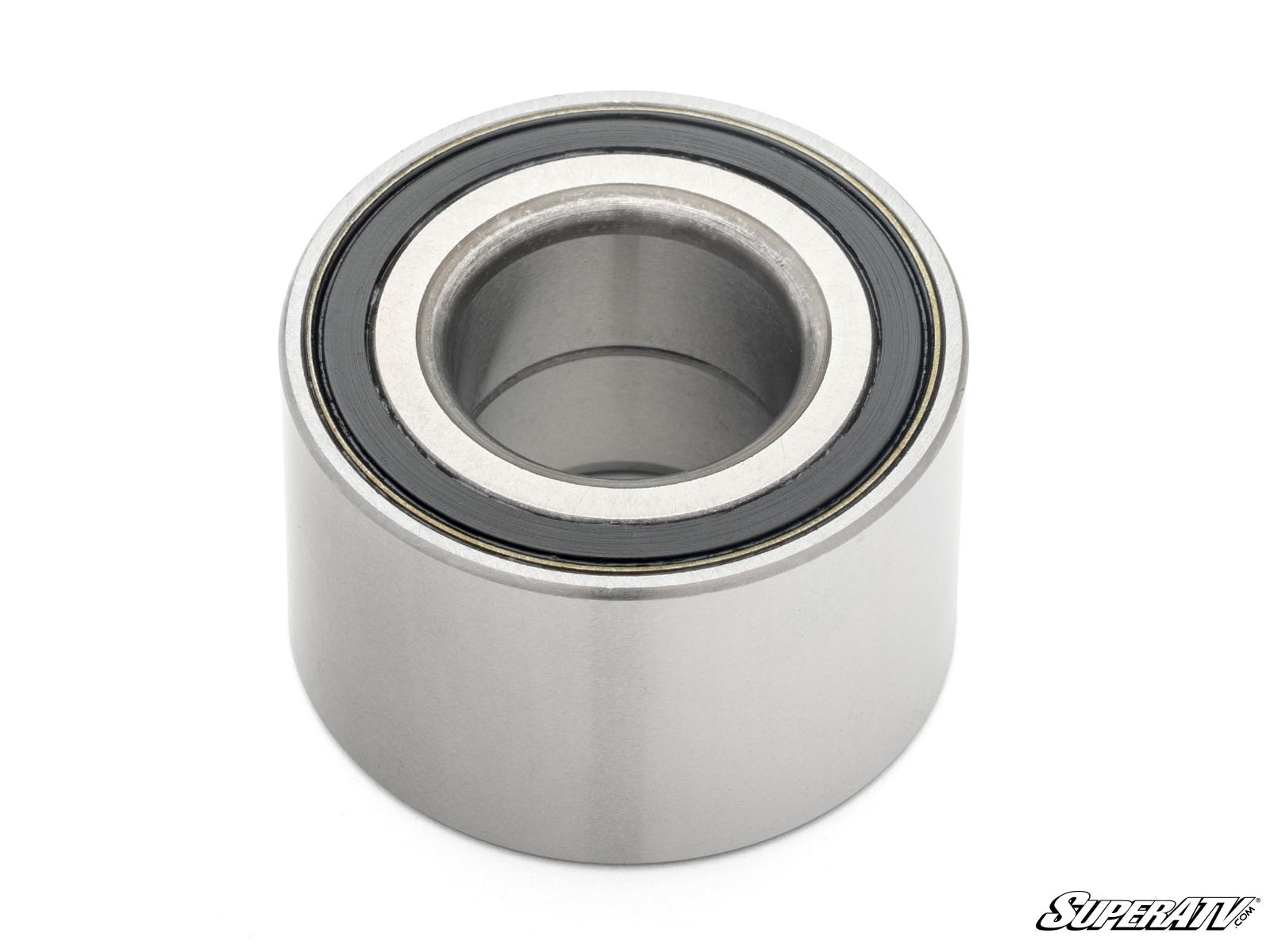 The Up & Running CFMOTO Wheel Bearing, featuring a cylindrical shape with a hollow center and black inner ring, rests on a white background. Its smooth, shiny surface is visible, with the SuperATV logo in the bottom right corner.