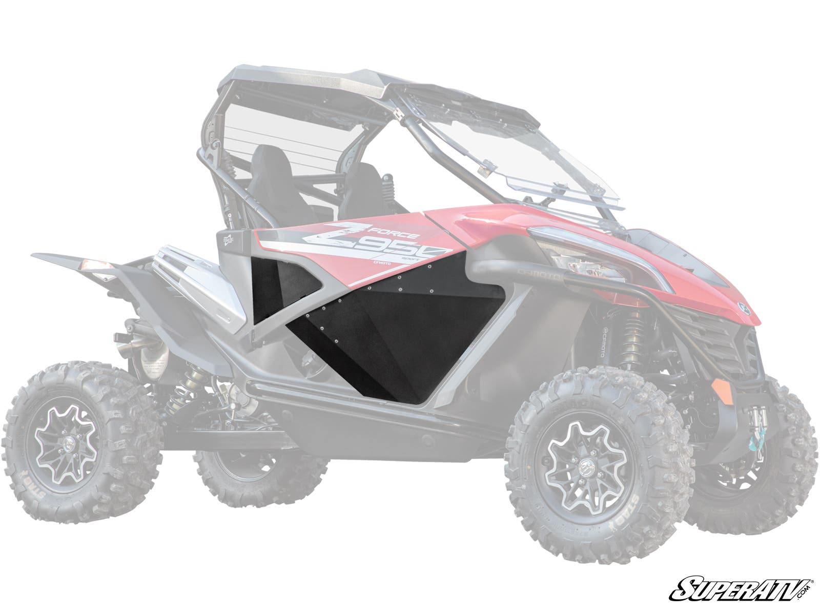 The image features CFMOTO ZForce Aluminum Lower Doors installed on a red and black side-by-side. The rugged off-road vehicle has a roll cage, roof, chunky tires, and displays the “SuperATV” logo in the bottom right corner.