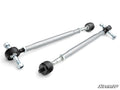 Two CFMOTO ZForce 950 Sport Swaged Tie Rods with black rubber ends and silver hardware are displayed diagonally on a white background. The rods feature sturdy threaded sections, adjusting nuts, and a “SuperATV” logo in the lower right corner.
