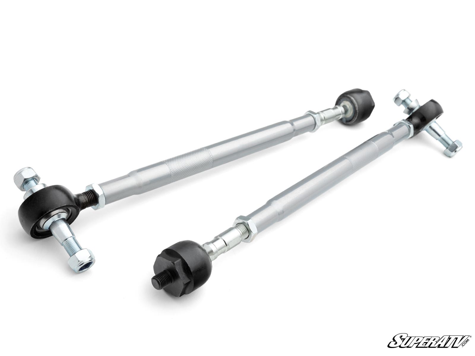 Two CFMOTO ZForce 950 Sport Swaged Tie Rods with black rubber ends and silver hardware are displayed diagonally on a white background. The rods feature sturdy threaded sections, adjusting nuts, and a “SuperATV” logo in the lower right corner.