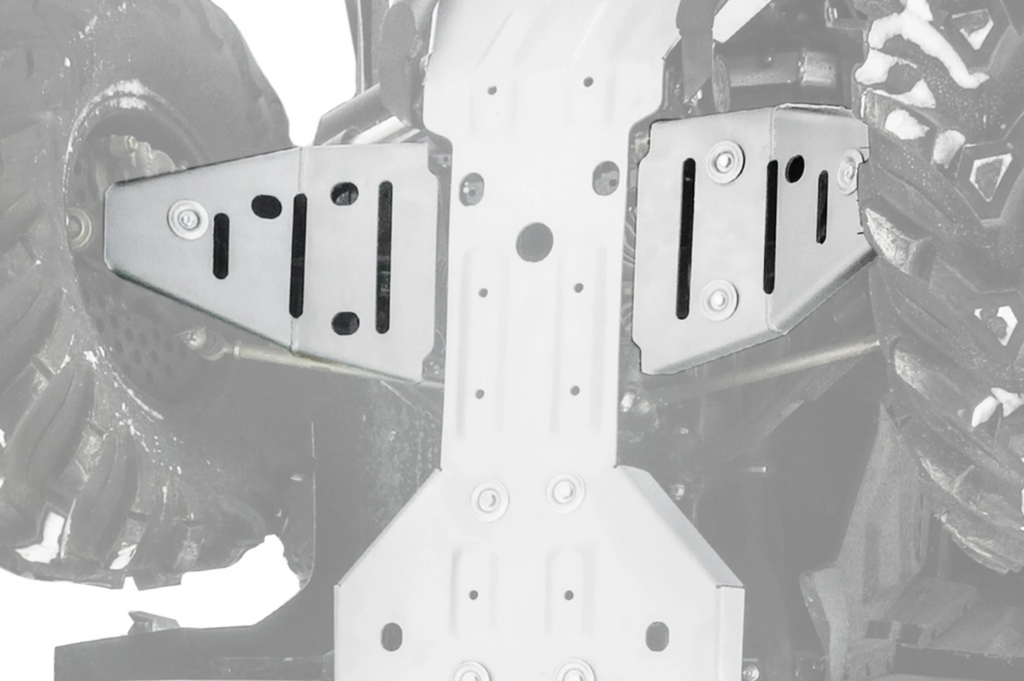 Close-up of Cf Moto C Force 800 / 800Xc / 1000 Alloy Front A Arm Guards installed beneath an off-road vehicle, showing the metallic guards with bolts and black slots, framed by rugged tires. The faded background highlights their protective structure.