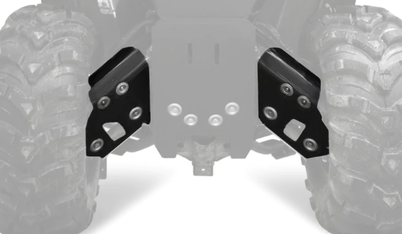 Close-up of the underside of an off-road vehicle with rugged tires, highlighting two black CFMoto CForce Rear A Arm Guards Plastic mounted near the wheels and secured with bolts. The rest of the vehicle is faded to emphasize these guards.