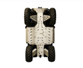 The Skid Plate Full Set (aluminium) for CFMOTO CFORCE 625/600 Touring (2020+) is shown from beneath, featuring a flat metallic undercarriage with geometric cutouts and bolts, and large tires for off-road or rough terrain use.