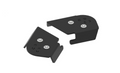 A pair of black, flat, L-shaped Rear A-arm guards for CFORCE 450/520/625/600 (2022+) with rounded edges, metallic circular fasteners, cut-out details, and a notched design along their inner facing edges are shown side by side.