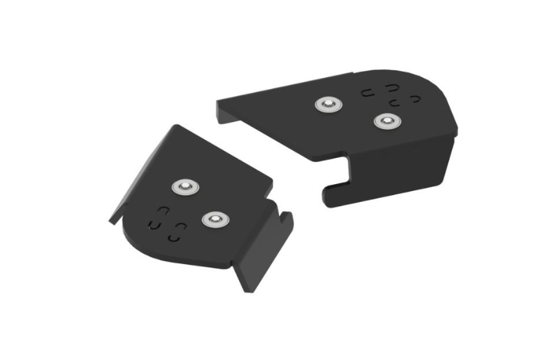 A pair of black, flat, L-shaped Rear A-arm guards for CFORCE 450/520/625/600 (2022+) with rounded edges, metallic circular fasteners, cut-out details, and a notched design along their inner facing edges are shown side by side.
