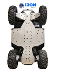 A view of the underside of an off-road vehicle showcasing a large silver Skid plate full set (aluminium) for CFORCE 850/1000 (2024+) and Touring models, four rugged tires, and the “Iron Baltic” logo above in blue and black.