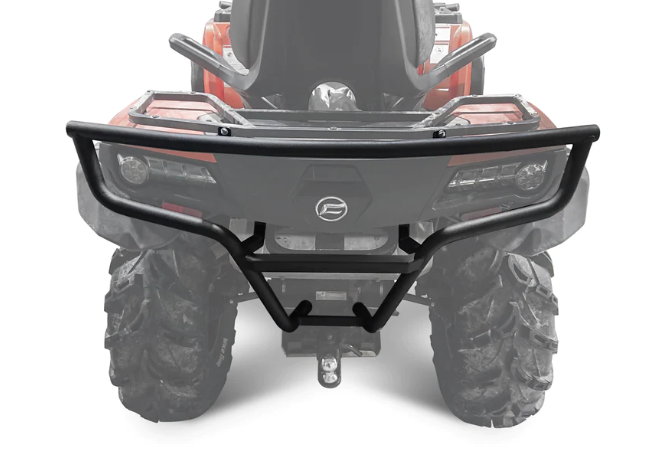 A CF Moto C Force 800 / 800XC Rear bumper is prominently displayed in the foreground, mounted on the rear of an ATV with large rugged tires; the ATV itself is mostly faded out except for the clearly visible bumper.