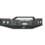 A heavy-duty, texture black Stealth Front Winch Bumper for 2019-21 Chevy 1500, featuring angular edges, integrated recovery points, and cutouts for lights or winch (Warn Zeon 10S/Smittybilt Xrc), with ROAD ARMOR branding and circular logo.