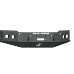 A textured black, angular metal Stealth Front Winch Bumper for 2019-21 Chevy 1500 features geometric cutouts, ROAD ARMOR in white across the top, and a centered logo. Compatible with Warn Zeon 10S and Smittybilt XRC. Transparent background.