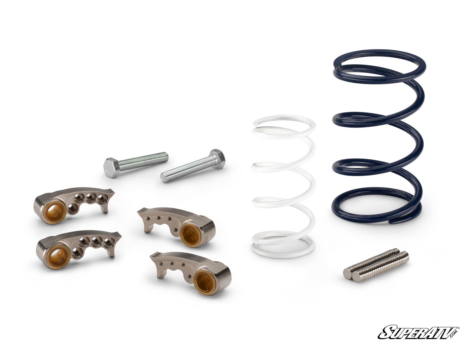 The image displays the Kawasaki Teryx KRX 1000 Rev1 Clutch Kit on a white background, featuring three curved metal pieces with gold bushings, blue and white coiled springs, two long bolts, three shorter bolts, and the SuperATV logo in the bottom right.