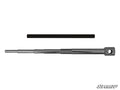 Two metal rods are displayed on a white background: the top is black and cylindrical, the bottom is a silver stepped rod with varying diameters, middle threading, and a holed rectangular end. Polaris Primary Clutch Puller. SuperATV logo at bottom right.