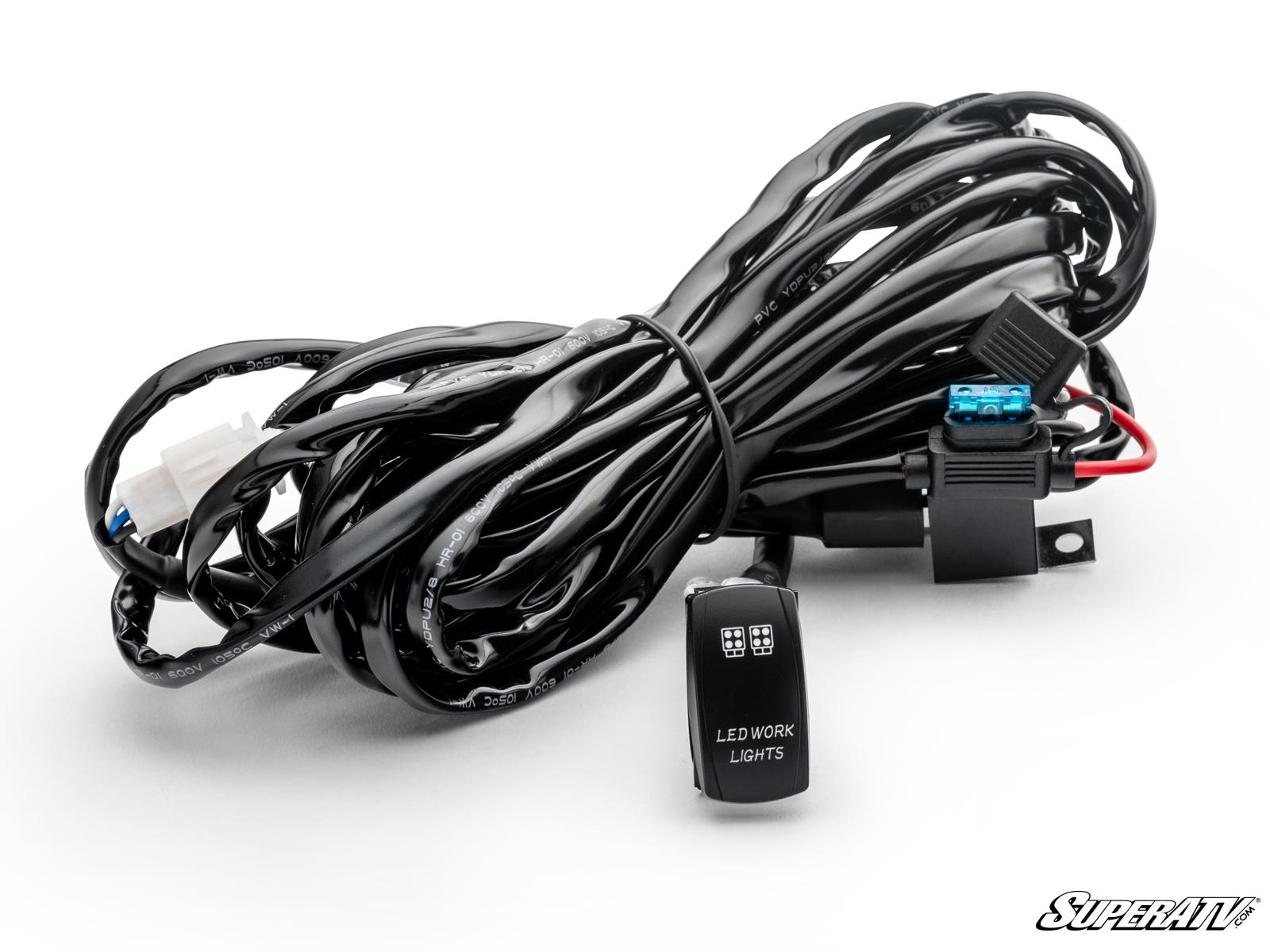 The LED Light Wiring Harness with Rocker Switch features a coiled black harness with connectors, a blue fuse, and a rocker switch labeled LED WORK LIGHTS with two LED symbols, shown on white background with the SuperATV logo.