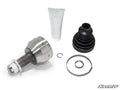 The Polaris Replacement CV Joint Rhino Brand & ADR repair kit is displayed on a white background, featuring a metal CV joint, black rubber boot, grease tube, snap ring, and two metal clamps. The SuperATV logo is in the bottom right corner.