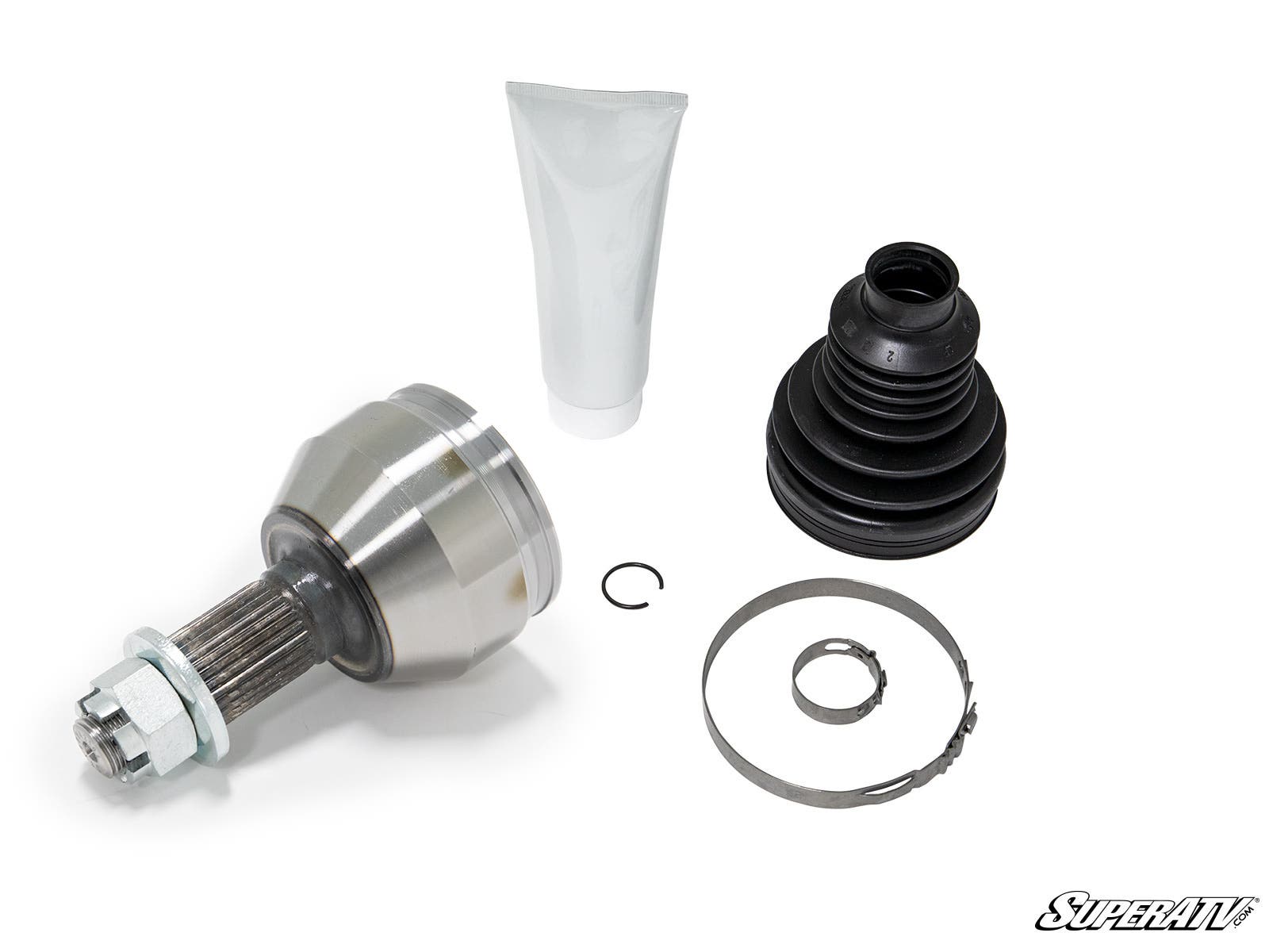 The Polaris Replacement CV Joint Rhino Brand & ADR repair kit is displayed on a white background, featuring a metal CV joint, black rubber boot, grease tube, snap ring, and two metal clamps. The SuperATV logo is in the bottom right corner.