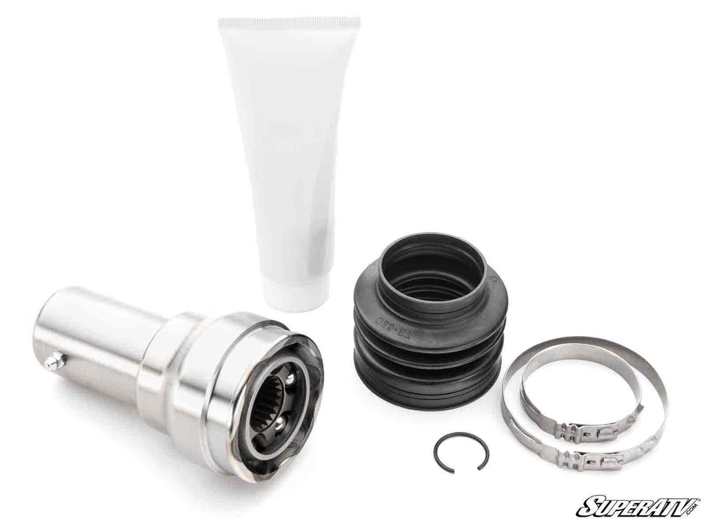 The Polaris Rhino Driveline Prop Shaft Replacement CV Joint Kit includes a metal joint assembly, black rubber boot, two silver clamps, snap ring, and white grease tube, shown on a white background with the SuperATV logo in the bottom right corner.