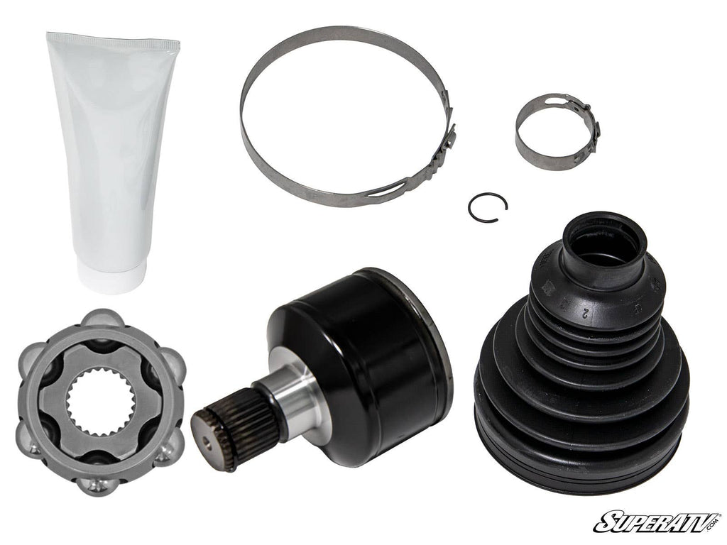 The Can-Am Heavy-Duty Replacement CV Joint Kit - X300 includes a black rubber boot, metal joint, grease tube, metal bands, snap ring, and a star-shaped inner joint component on a white background with the SuperATV logo at the bottom right.