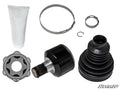 The Can-Am Heavy-Duty Replacement CV Joint Kit - X300 includes a black rubber boot, metal joint, grease tube, metal bands, snap ring, and a star-shaped inner joint component on a white background with the SuperATV logo at the bottom right.