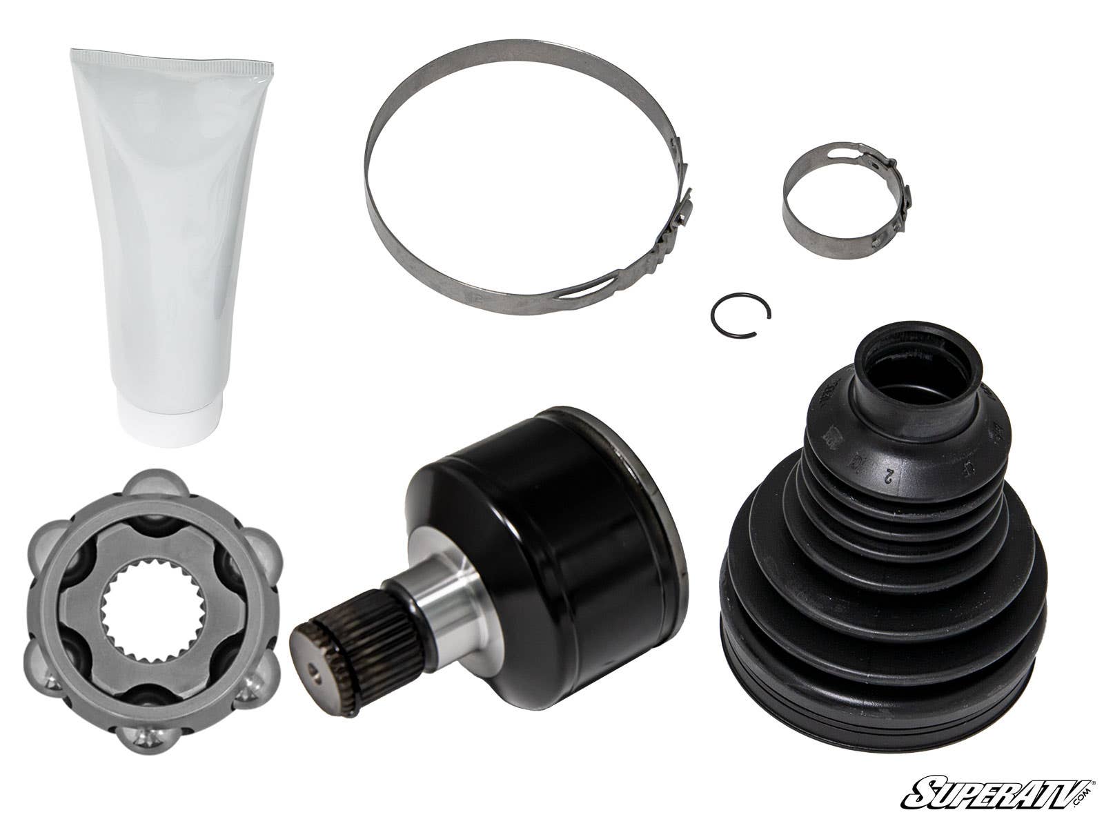 The Can-Am Heavy-Duty Replacement CV Joint Kit - X300 includes a black rubber boot, metal joint, grease tube, metal bands, snap ring, and a star-shaped inner joint component on a white background with the SuperATV logo at the bottom right.