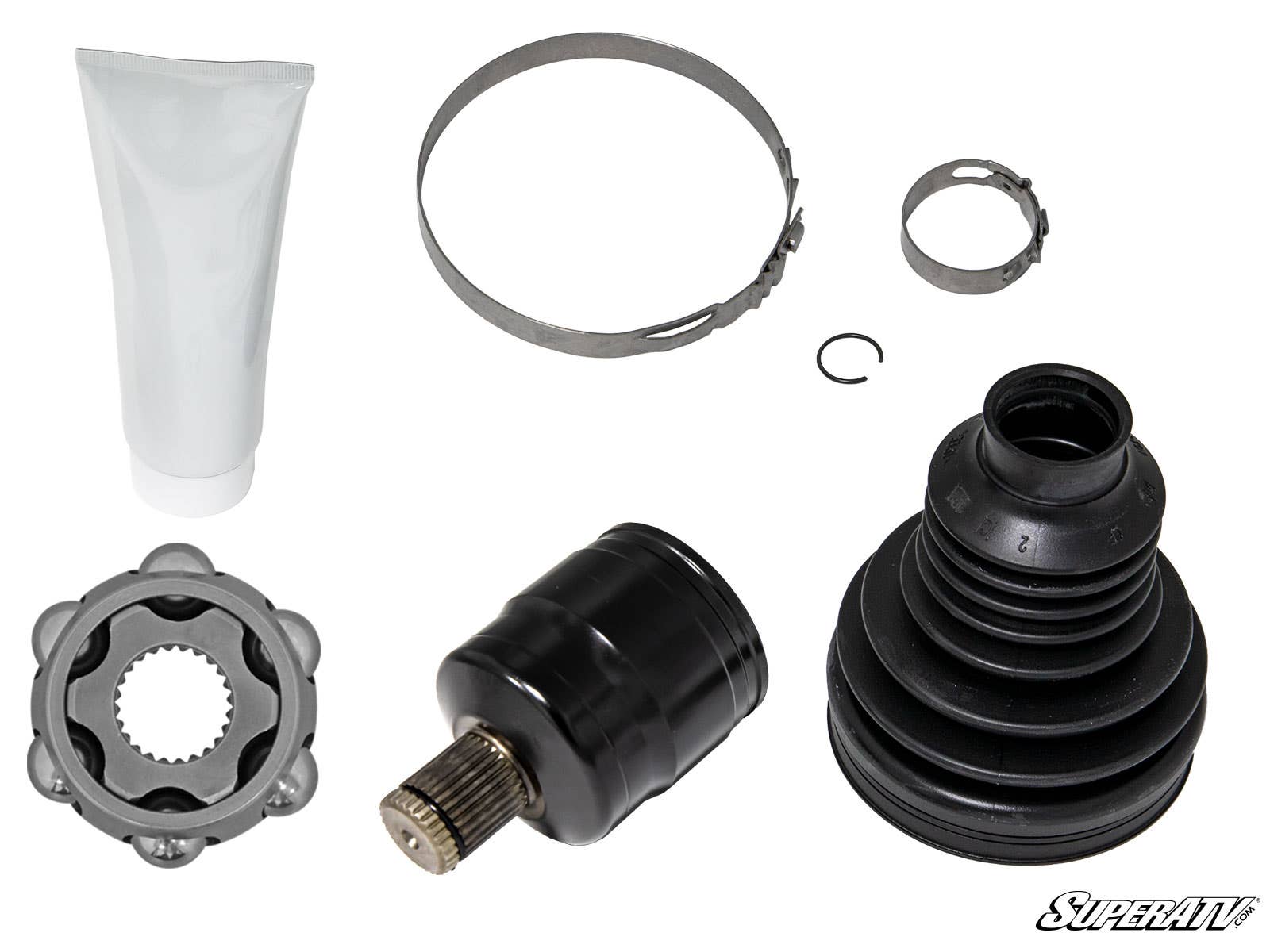 The Polaris Heavy-Duty Replacement CV Joint KitX300 is shown on a white background with a tube of grease, two metal clamps, a snap ring, metal joint assembly, black rubber boot, and black cylindrical CV joint housing. SuperATV logo appears bottom right.