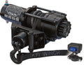 A black Stealth 2500 Winch with a hooked cable, mounting bracket, and remote control with IN/OUT buttons. It has KFI WINCH on the strap and features a rugged, cylindrical motor housing.
